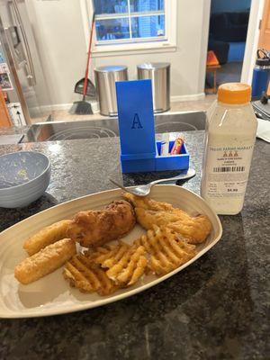 Chicken strips, mozzarella sticks, waffle fries and ranch dressing