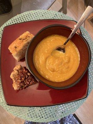 Pumpkin soup, focaccia and pecan pie