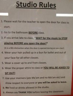 Rules posted on the dance studio door.  "Ouch, Ma'am!"