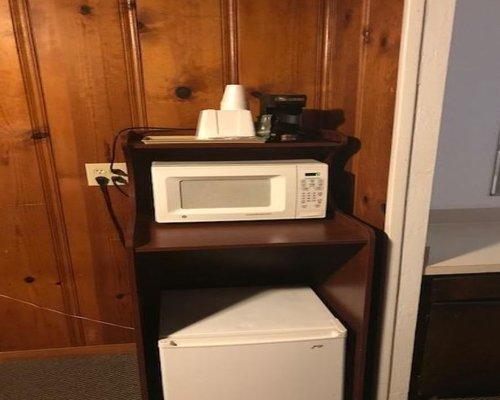 Coffee maker, microwave, and fridge