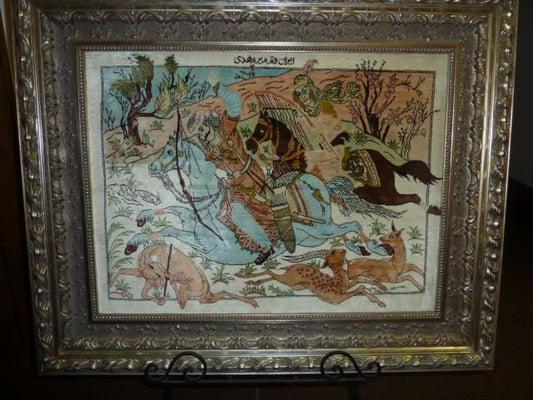 Hand-Made Persian Qum Hunting Design Framed Rug 100% Hand Spun Natural Silk Natural Dyes 1000 KPSI Silk On Silk 2.7 x 2.1