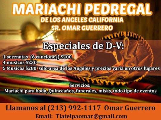 Mariachi Pedregal te ofrece servicios de serenatas para diferentes eventos:  Bodas  Cumpleaños  Comunión  Funeral  Eventos especiales  Ten