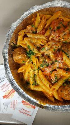 Build Your Own: Penne with Pink Sauce, Meat Balls, Garlic, Roasted Pepper, and Cherry Tomatoes. So delicious!