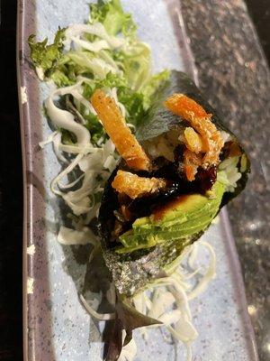 Salmon skin avocado hand roll