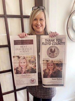 Susan Wathen-2021 & 2022 Winner of the News & Tribune Readers Choice Best Insurance Agent: Floyd County.