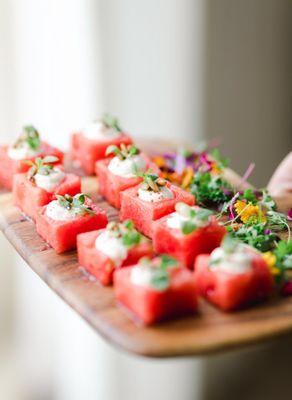 Our Watermelon "Bon Bon" with imported feta mousse, lemon zest, pink peppercorn and pepitas.  Photo: Cavin Elizabeth