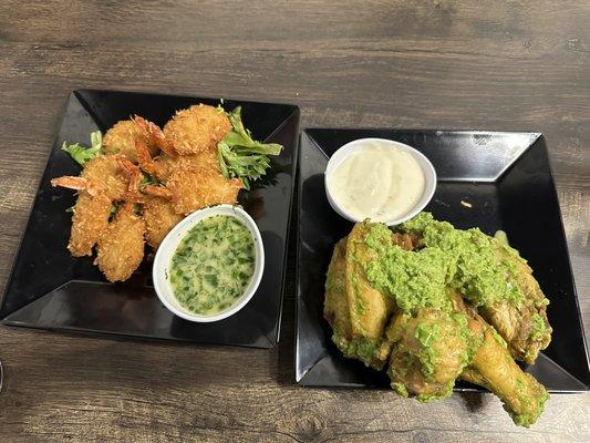 Coconut shrimp and chicken wings