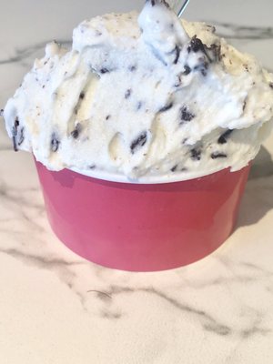 Stracciatella, consisting of milk-based ice cream filled with fine, irregular shavings of chocolate.