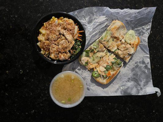 poke bowl (chicken teriyaki), chicken banh mi, miso soup (8.26.23)