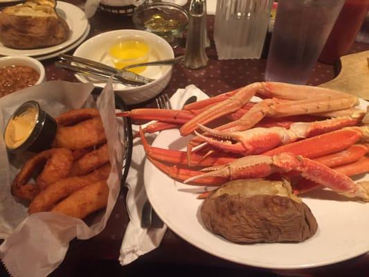 1lb crab legs, onion hoops, baked potato! $12.95! Best deal ever!