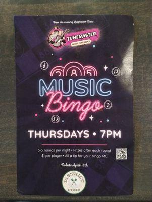 Join us every Thursday for Music Bingo by Tunemaster. $1 per player and prizes after each round and drink and food specials.