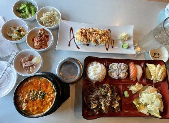 Beef Bulgogi Bento Box Lunch Special, Spicy Spicy Soft Tofu Soup, Dynamite Roll