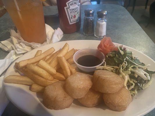 fried scallops, french fries, coleslaw