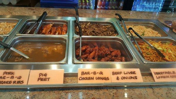 Bbq pork ribs and pig feet, beef liver & onions and BBQ chicken wings, friend rice and Lome in noodles