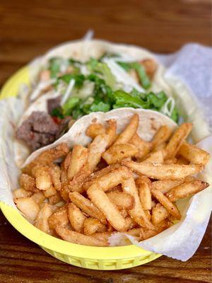 Sesame Fries  with bulgogi & fried chicken tacos