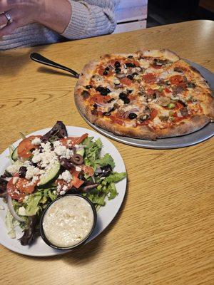 Greek salad and Kitchen sink pizza