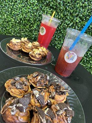 White chocolate nutella & Oreo crumb donuts and chocolate pb and banana donuts with our energy refreshers