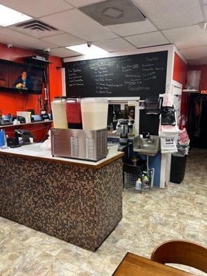 Photo of menu and counter.