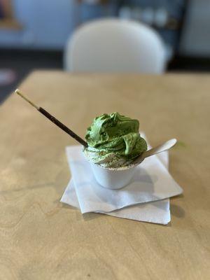 Matcha and Vanilla Soft serve with Matcha Powder. The hot fish will melt the ice cream, so eat it up quickly!