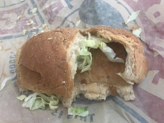 All of the bread shown here is stale, over half of the sandwich bun.