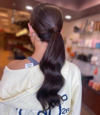 Sleek low pony tail for school dance! By Lina