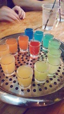 The rainbow shots! Red=sweet and wonderful. Blue=straight up alcohol.. beware!