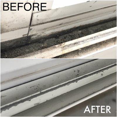 Window tracks before and after. It's window cleaning by Miami Window Washers.