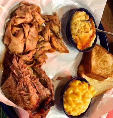 Pick two meats 2 sides - pulled chicken, brisket, corn pudding, Mac and cheese, Texas toast