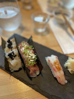 Hokkaido Scallop Maki, Negi Toro Maki, shrimp nigiri