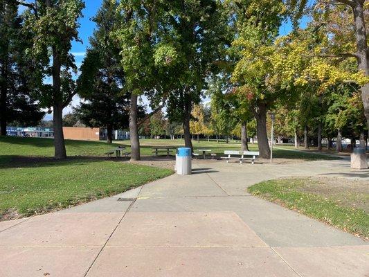 The three tables and the one barbecue pit. Close together. Good for a party. You just have to hope no one else gets it first.