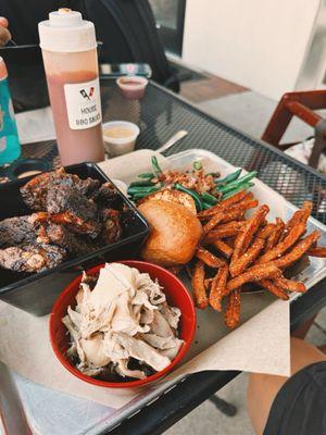 Rib tips, Sweet Potato Fries, green beans, pulled chicken