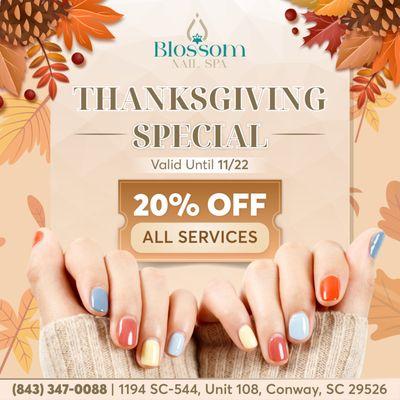 THANKSGIVING SPECIAL - 20% OFF All Services
Valid until 11/22

Indulge in gratitude and beauty with our exclusive Thanksgiving offer - 20