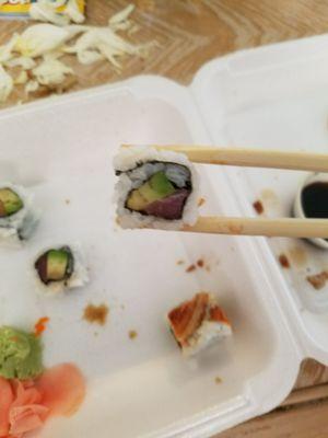 Tuna avocado roll: the tiniest piece of sushi I've ever seen.