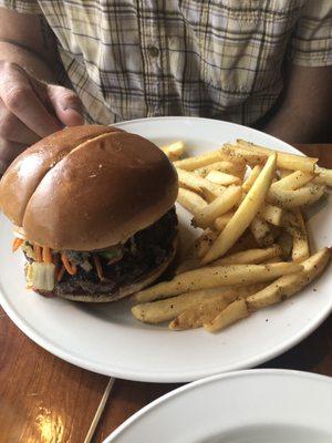 Fried fingerling potatoes and Butcher Burger