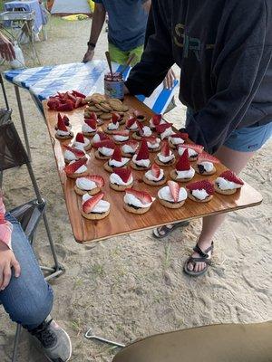 Dessert!  Vanilla wafers with freshly whipped cream (entertaining to watch done with a whisk!), blueberry jam, and strawberries!