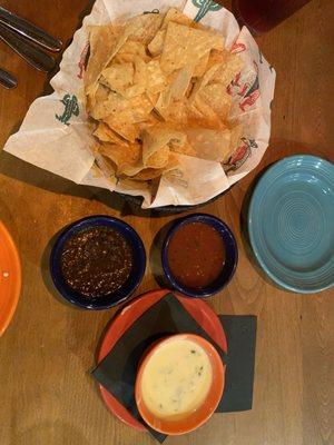 Completely chips and salsa with a small queso