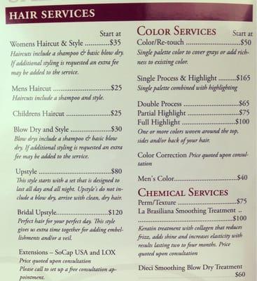 Hair Service pricing (current as of Aug 2013)