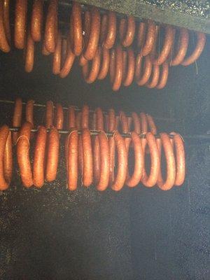 Kielbasa in the 78 year old smoker. You can just smell the flavor!!!!