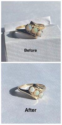 Before and After pic of my resized 10K gold and opal ring