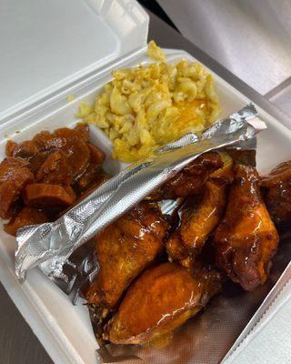 Honey Hot Chicken Wings with Candied Yams and Baked Mac and Cheese