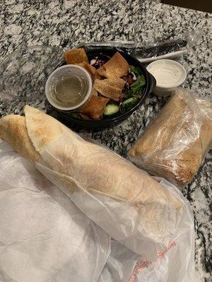 Fattoush, Chicken Shawarma Wrap, Extra Pita Bread, Extra Garlic Sauce