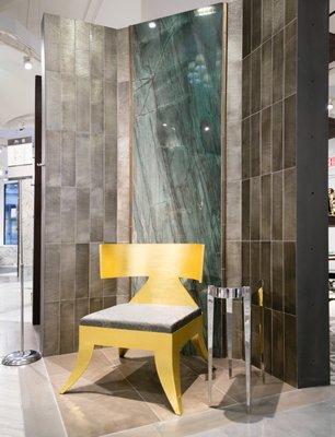 Artistic Tile Showroom on 21st Street NYC. Shown: John Lyle furniture in front of Lumina carved stone tile and Botanic Green slab.