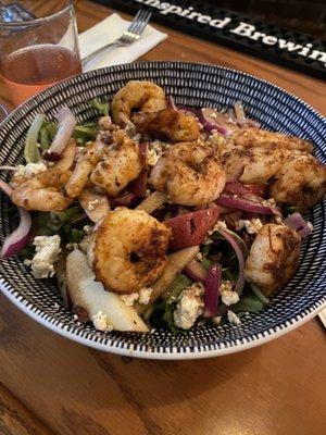 An incredible house salad with blackened shrimp, mixed with candied pecans, fresh sliced apples and crumbled gorgonzola. OMG