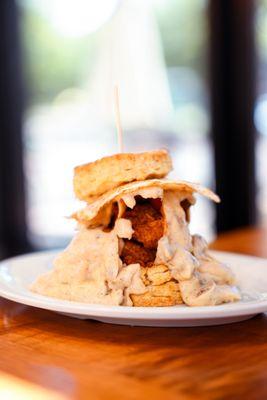 Five & Dime: Hand-battered fried chicken, bacon, cheddar, scratch-made gravy, an egg your way, all inside a scratch biscuit.