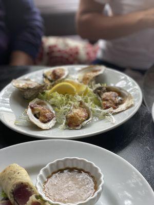 Baked oysters and tune spring rolls.