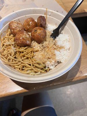 Teriyaki chicken meatballs with rice and noodles.