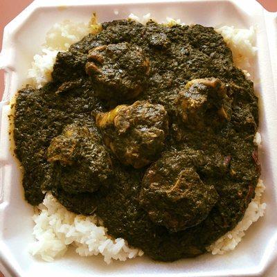 Cassava leaves with turkey and Jasmine rice