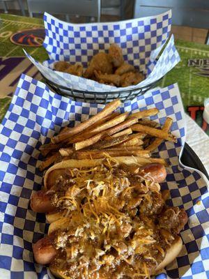 Chili dogs and fried pickles