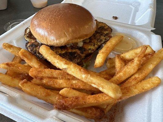 Black Salt Burger with a fried egg, Seasoned Fries