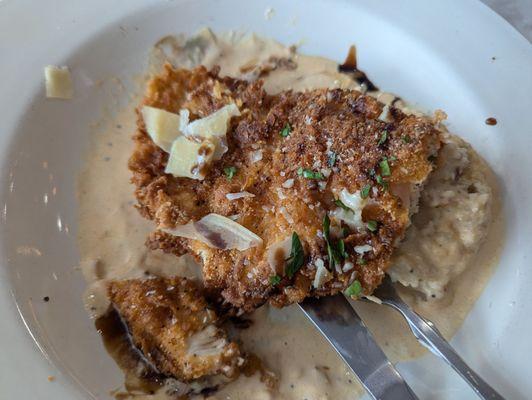 Boneless Fried Chicken, red pepper cream sauce, glaze drizzle, and mashed potatoes